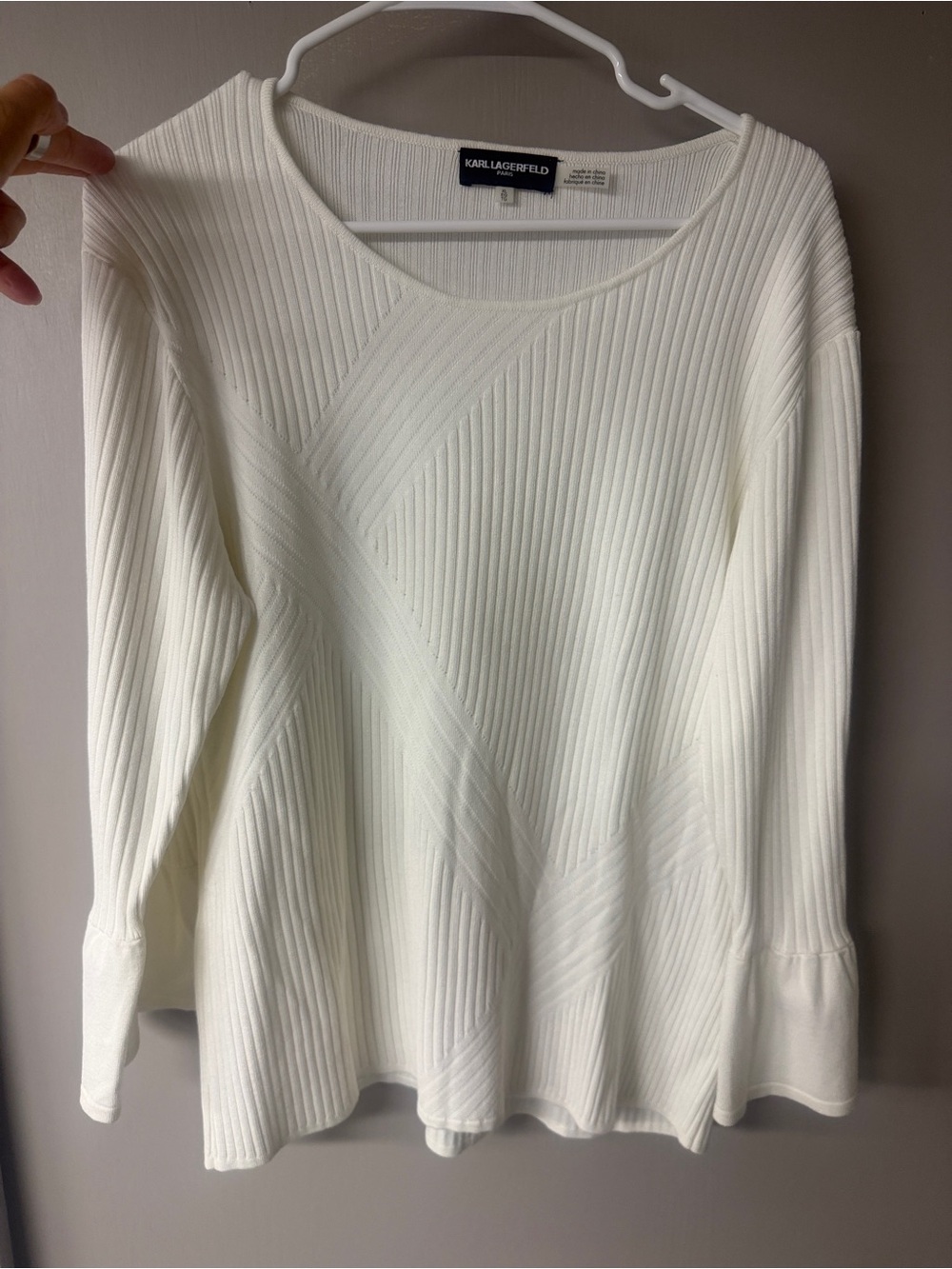 Karl Lagerfeld Cream Ribbed Crewneck Sweater